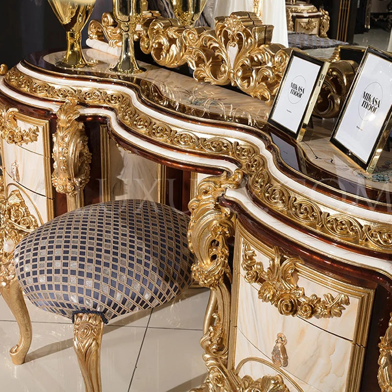 European solid wood carving bedroom vanity mirror bench combination villa makeup table luxury solid wood bed