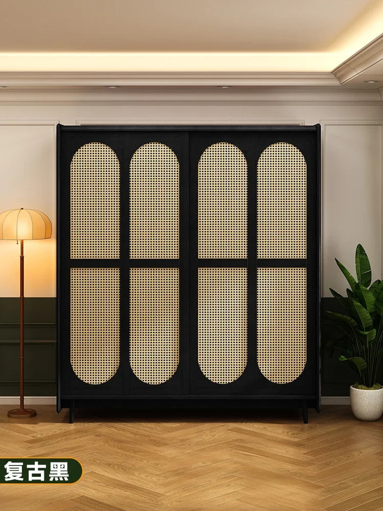 Solid Wood Wardrobe – American and French Style, Retro Design with Rattan Sliding Doors