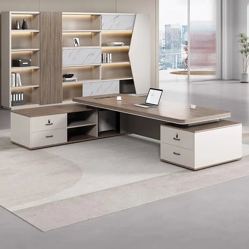 European L-Shaped Office Desk with Drawers and Shelf