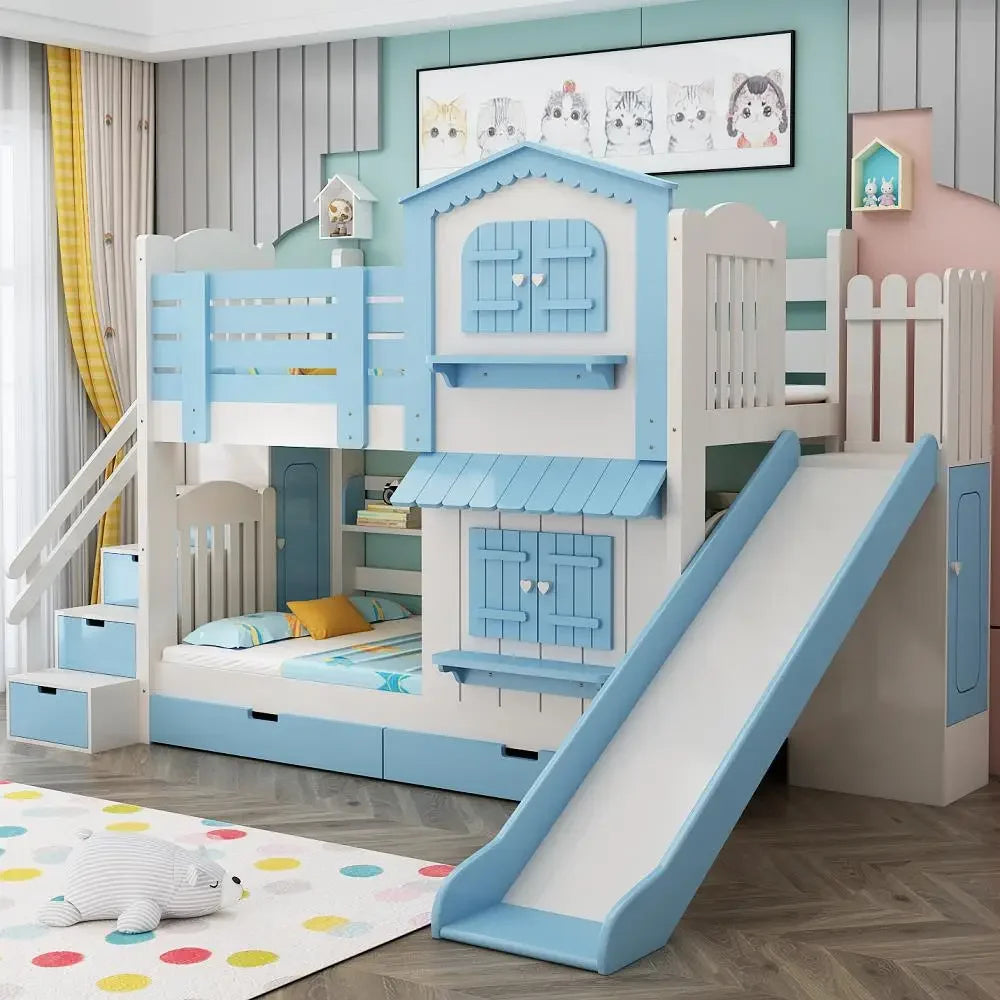 Solid wood mother bed, girl princess, pink two-story castle high and low bed, slide bunk