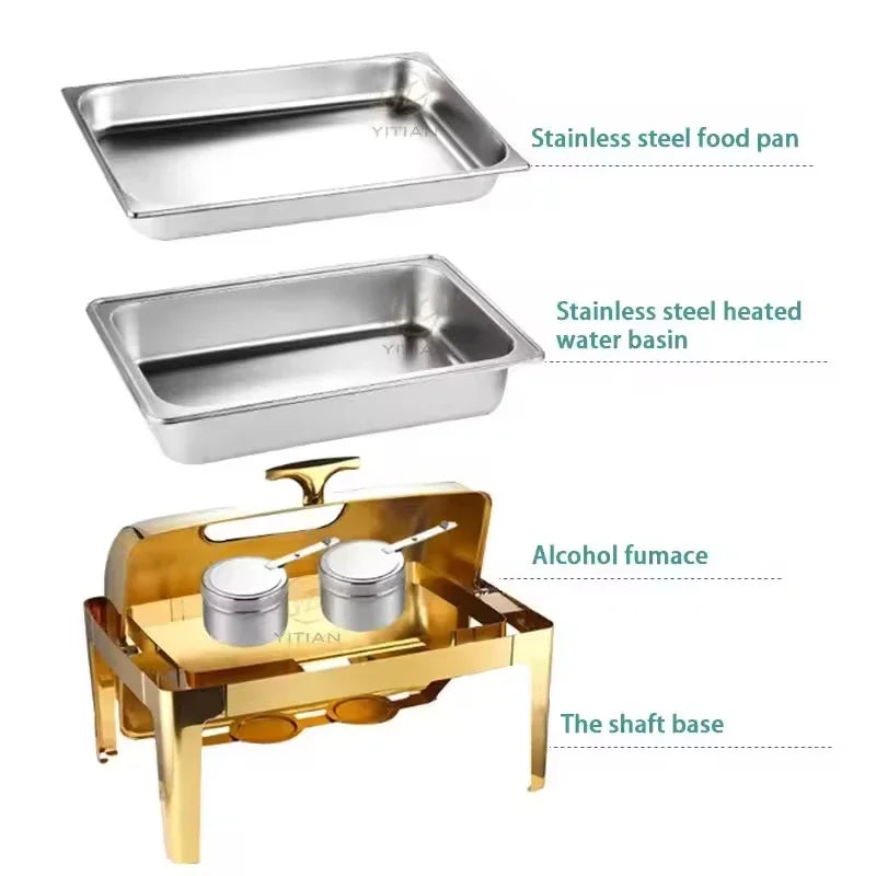 YITIAN Modern Stainless Food Warmer Buffet Serving Equipment Catering 6l Gold Round Alcohol Stove Chafing Dish Heater