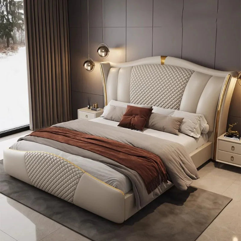High-End European Queen Double Bed – Wood King Size Frame with Stylish Headboard