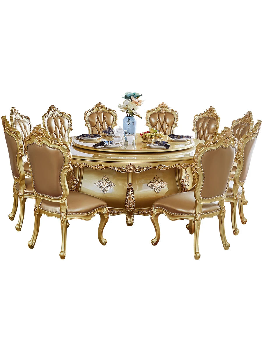 European round table, full solid wood dining table, luxury champagne golden hotel dining table, dining table and chairs