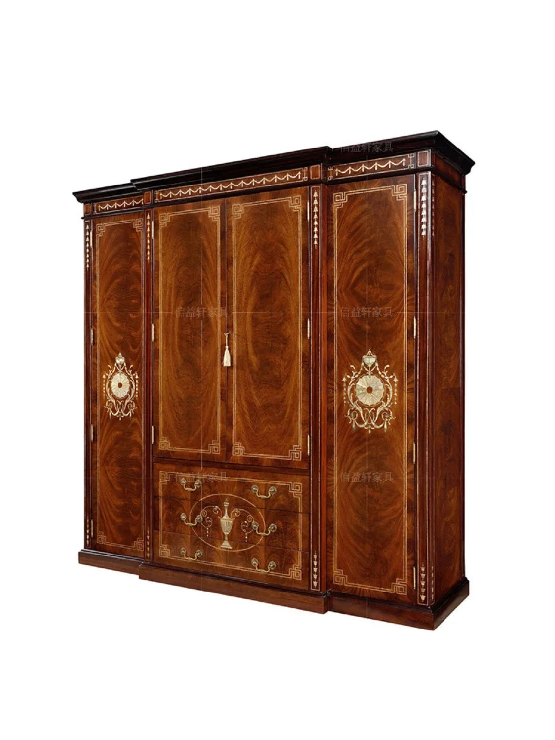 British Solid Wood Wardrobe – European Luxury 4-Door Storage Cabinet, New Classical Shell Furniture.