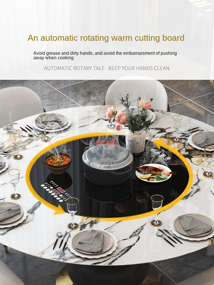 dining table and chair combination Modern simple household light rock plate embedded electric warm dish turntable dining table