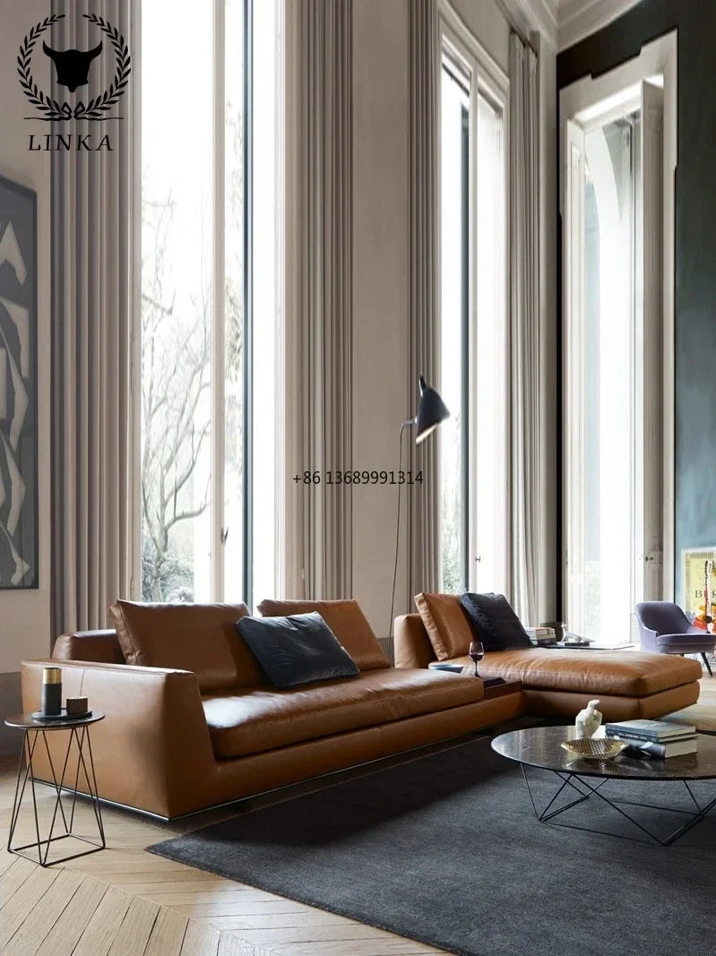 Nordic luxury leather sofa corner living room furniture Italian minimalist modern minimalist orange Napa cowhide