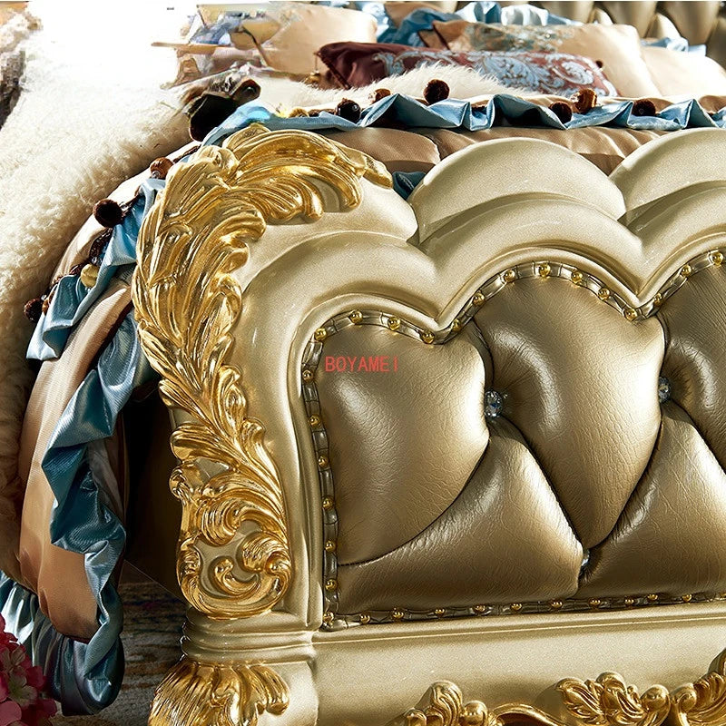 Pafia European Villa Leather Bed 1.8m Big Bed Solid Wood Carved Bed Wholesale