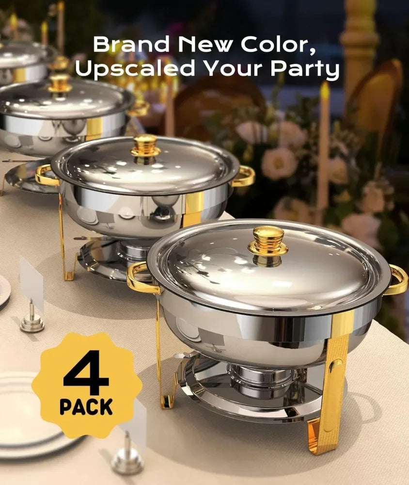 4-Pack 5QT Chafing Dishes for Buffet – Round Buffet Set in Elegant Gold and Silver, Easy Assembly.