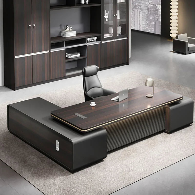 Modern Corner Storage Office Desk: Standing Design with Drawers in Black Wood