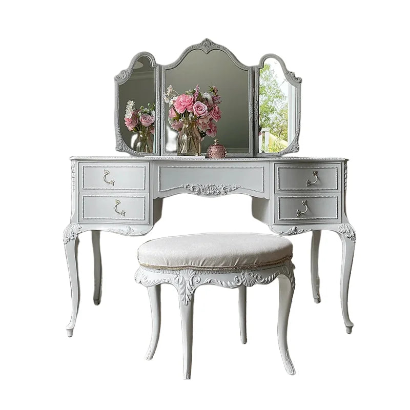 White Aesthetic Luxury Wood Makeup Table with Drawers