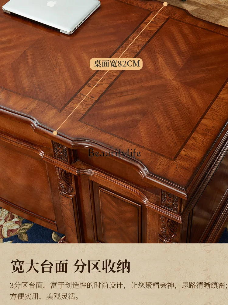 European-Style Solid Wood Desk Home American-Style High-End Vintage Engraving Villa Computer Desk