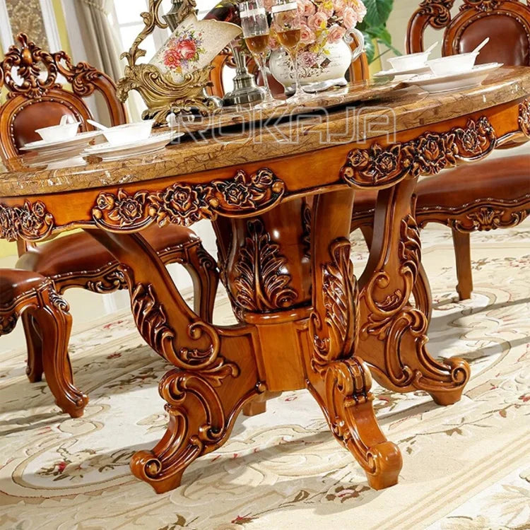Antique Wooden Hand-Carved Royal Round Dining Table Set