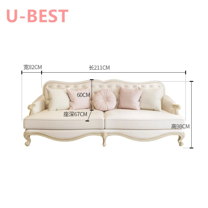 U-BEST Antique Style Hand Carved Solid Oak Wood Frame Sofa Fabric Cushion Loveseat Royal Gold Stainless Steel Wedding Sofa