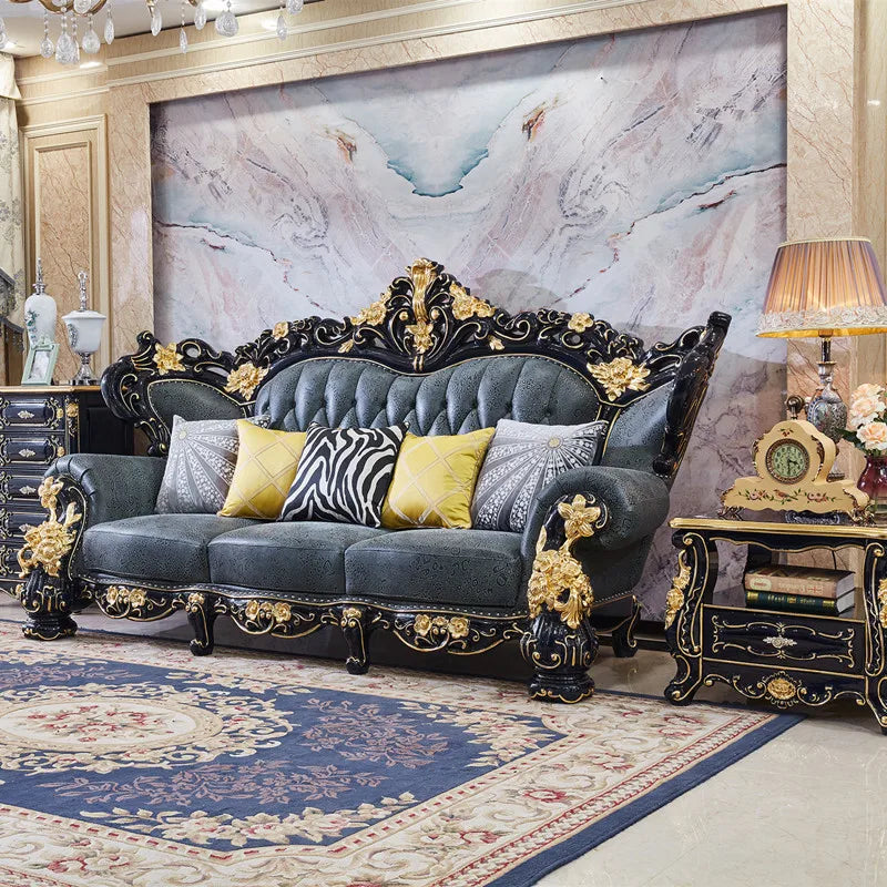 European Style Sofa Set: 123 Leather with Solid Wood Carvings, Modern Couch in Top Layer Cowhide