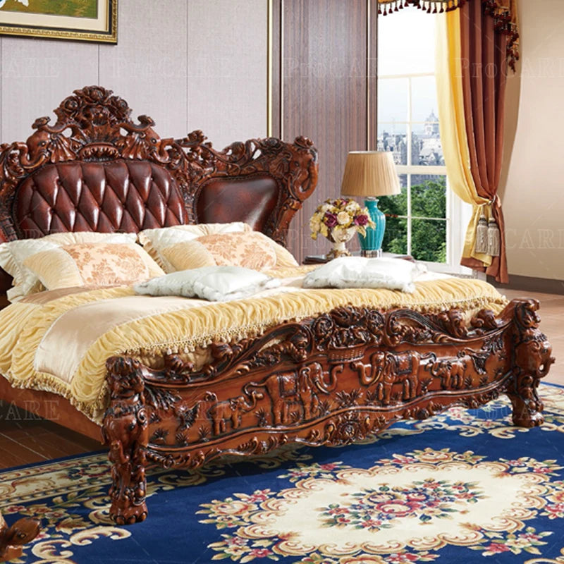 European-style bedroom furniture set for villas, featuring solid wood and genuine leather with an elegant elephant design