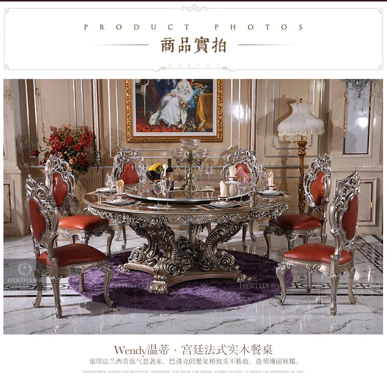 Hesha court French round dining table and chairs neoclassical European solid wood villa furniture 1.8M dining table