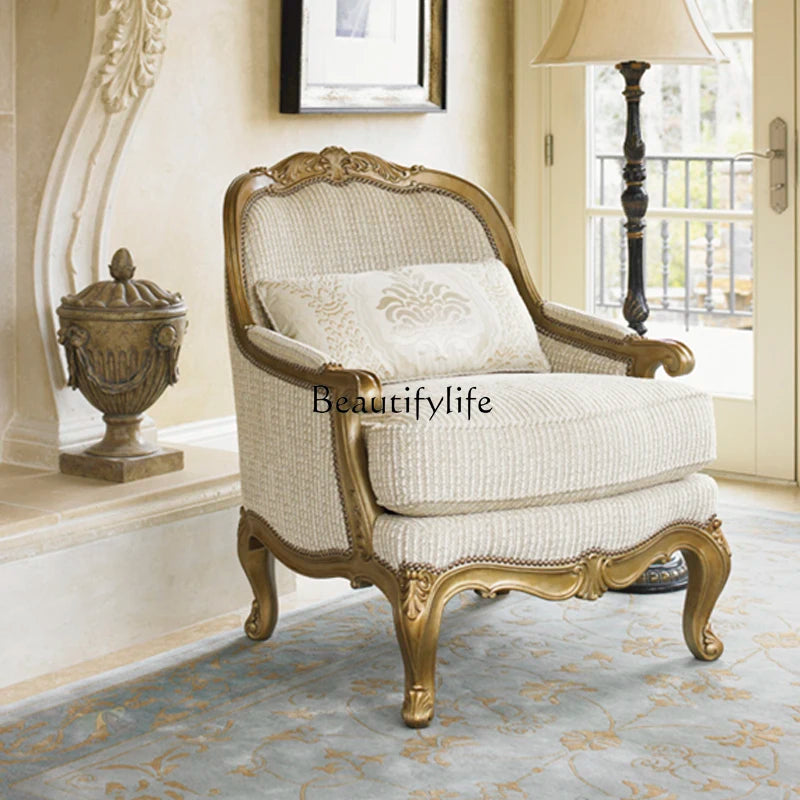 Pure Beautiful Golden Distressed Solid Wood Sofa Chair Villa European-Style Carved Crocodile Pattern Living Room Wingback Chair