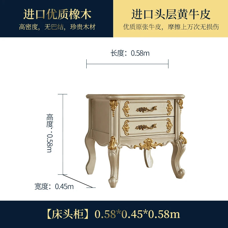 European Style Solid Wood King Bed: 1.8m Double Head with Layered Cowhide and Oak Carvings—Ideal for Master Bedrooms and Weddings.