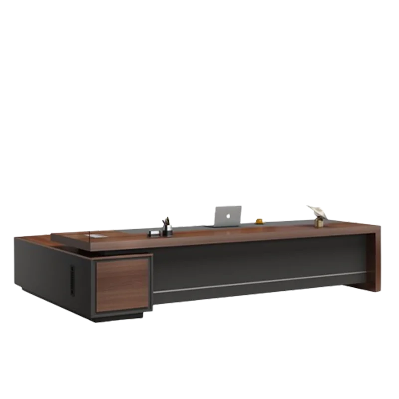 Executive office desk with work drawers, computer and monitor space, corner design, and storage