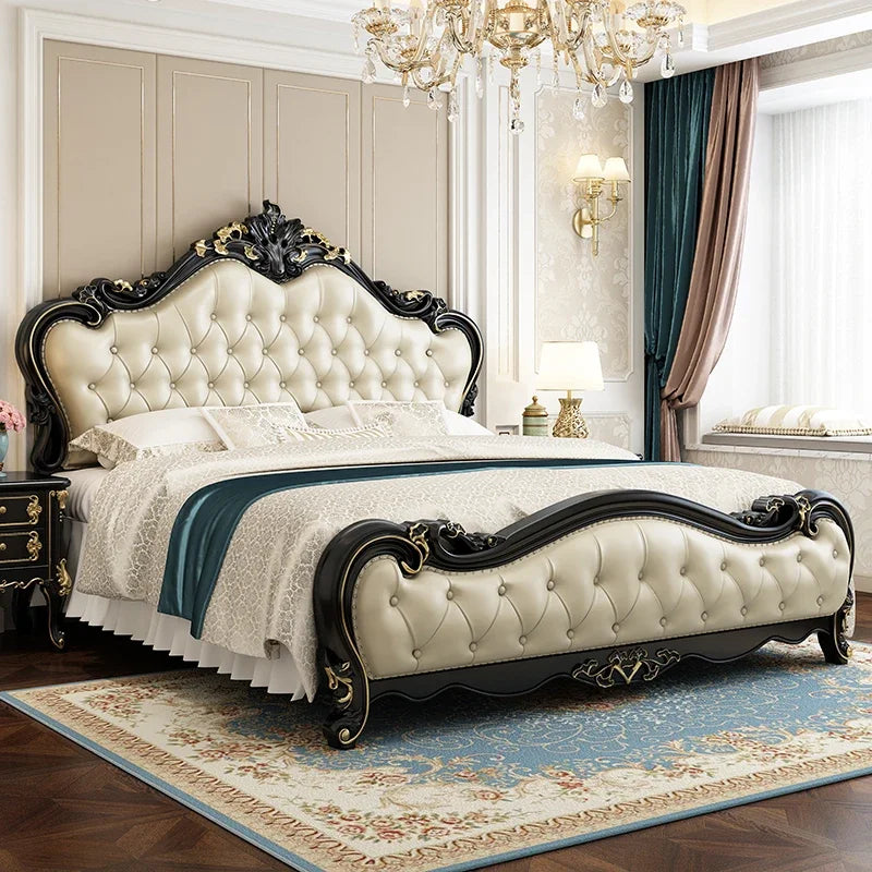 European King Size Double Bed in Luxury White Wood and Leather