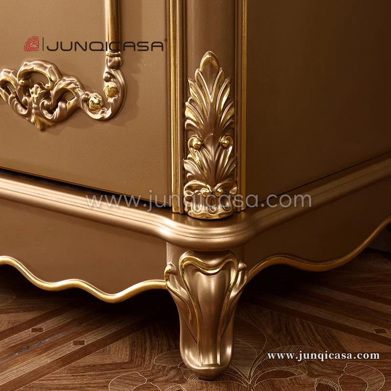 Luxury Antique 4-Door Wardrobe – Classic Gold Solid Wood Bedroom Furniture