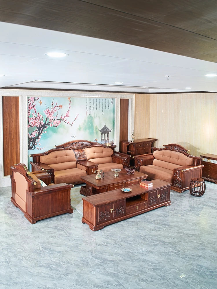 Elegant Wood-Carved Leather Sofa