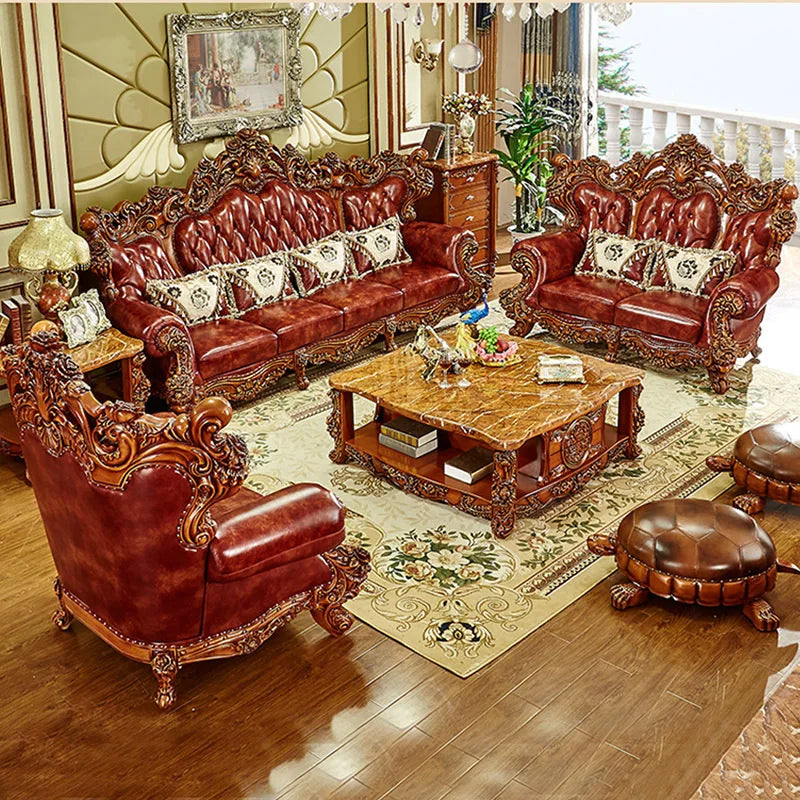European-Style Leather All-Solid Wood Sofa Set: Luxury Combination for Living Rooms, Villas, and Whole House Support.
