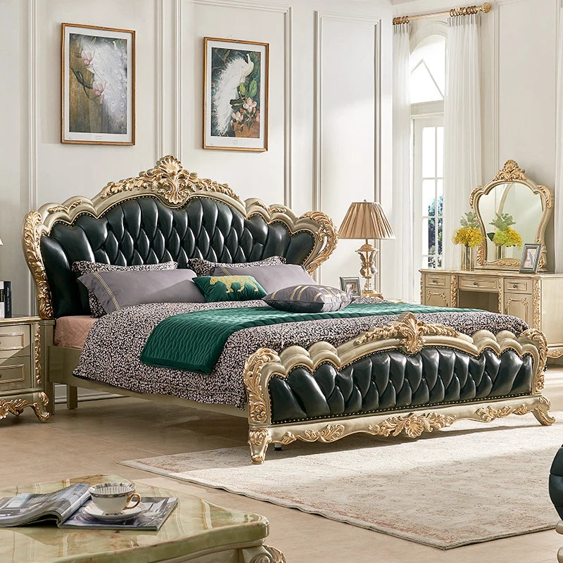 European Style Villa Double Bed: French 2-Meter King Bed, All Solid Wood with Luxury 1.8-Meter Design, Champagne Gold Genuine Leather.