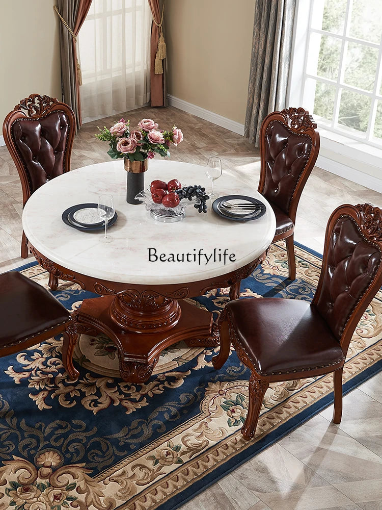 American Solid Wood Marble Dining Set: Light Luxury Rotating Round Table and Chairs