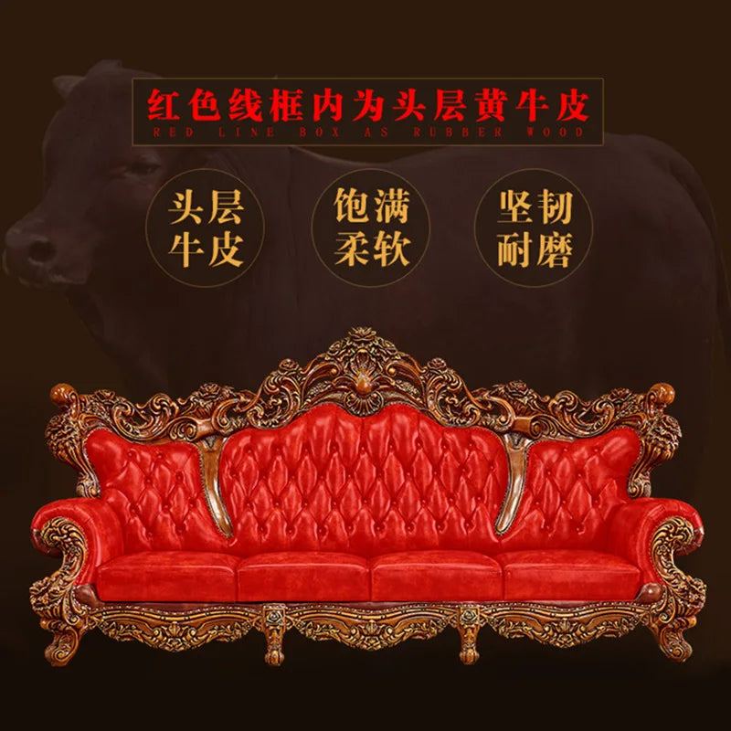 European-Style Leather All-Solid Wood Sofa Set: Luxury Combination for Living Rooms, Villas, and Whole House Support.