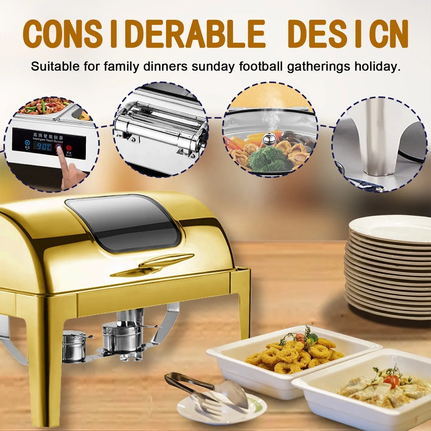 YITIAN Modern Stainless Food Warmer Buffet Serving Equipment Catering 6l Gold Round Alcohol Stove Chafing Dish Heater