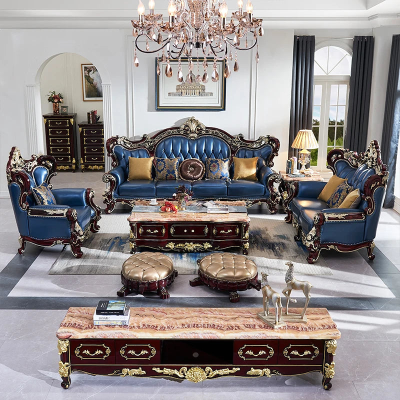 European Leather U-Shaped Sofa - Red Sandalwood, Carved Solid Wood, American-French Style