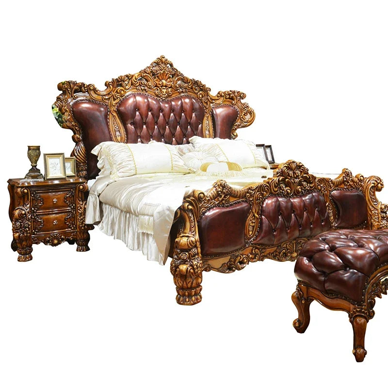 European Luxury Leather Bed - 1.8m Double Bed, Solid Wood Carved for American Villa