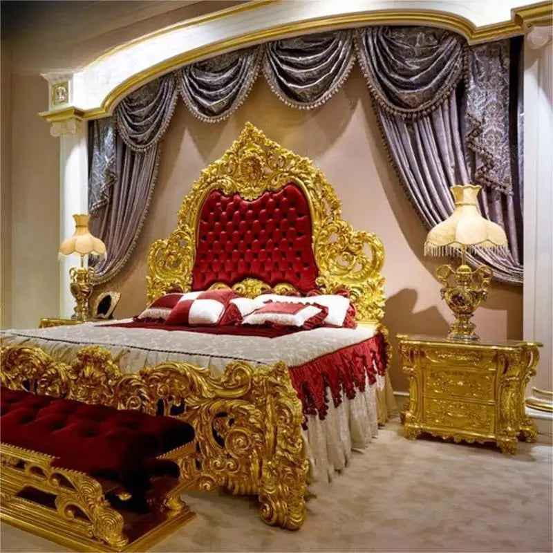 Luxury European style fabric bed Italian court French style gold foil solid wood double bed villa bedroom bedside table
