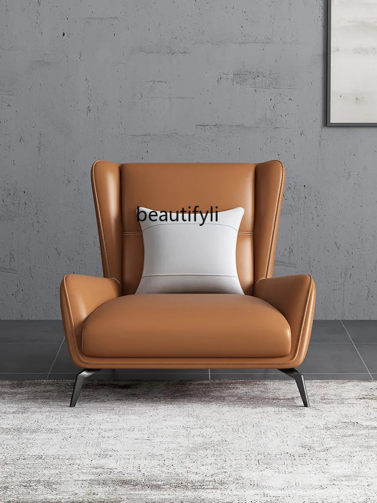 Italian minimalist light luxury couch: a genuine leather single wingback chair