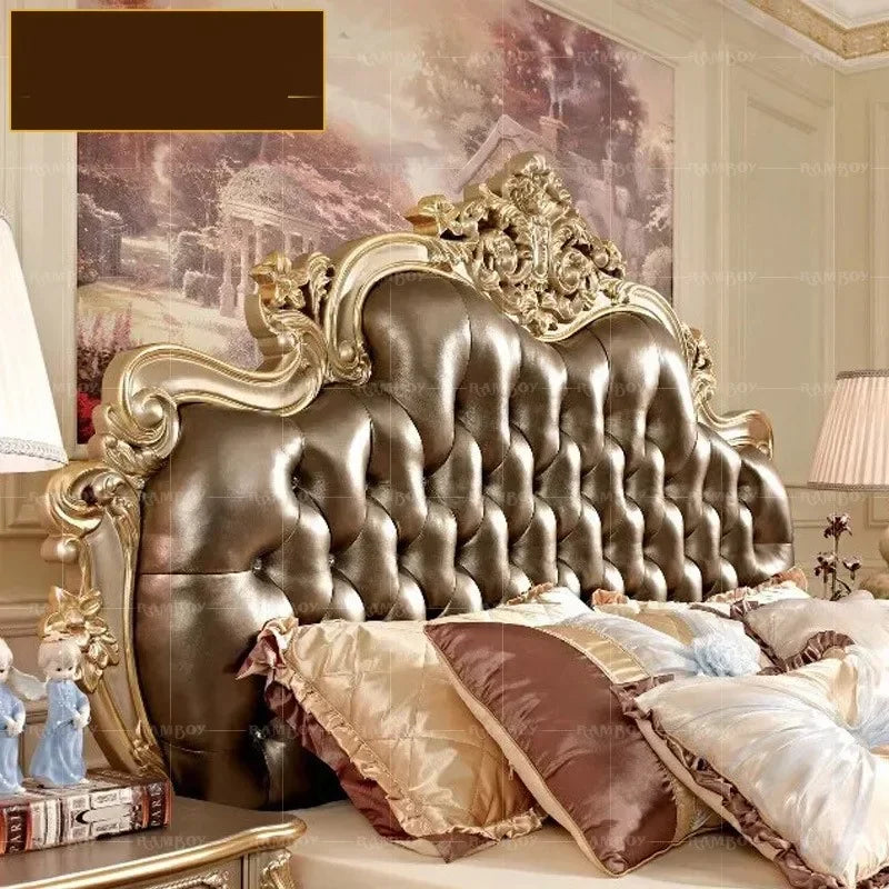 European Villa Solid Wood Carved Double Leather King Bed