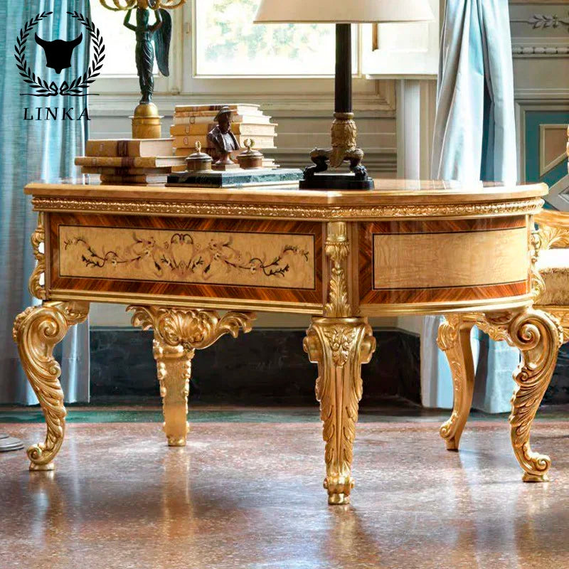 European Court Luxury French Desk – Painted Gold Foil, Customizable Computer Desk