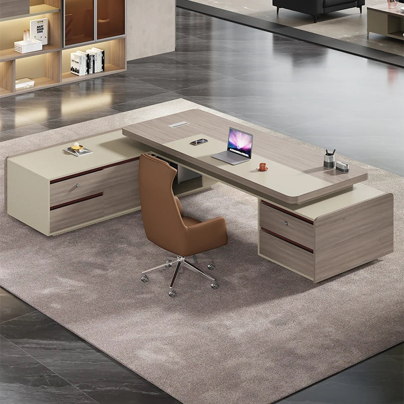 Modern Conference & Drafting Desk, Italian Corner Office Desk with Storage and Drawers