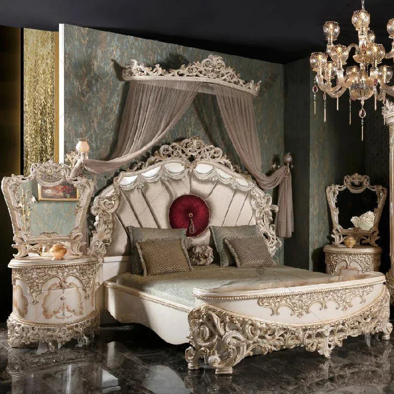Custom European villa double bed, hand-carved from solid wood, featuring luxurious fabric