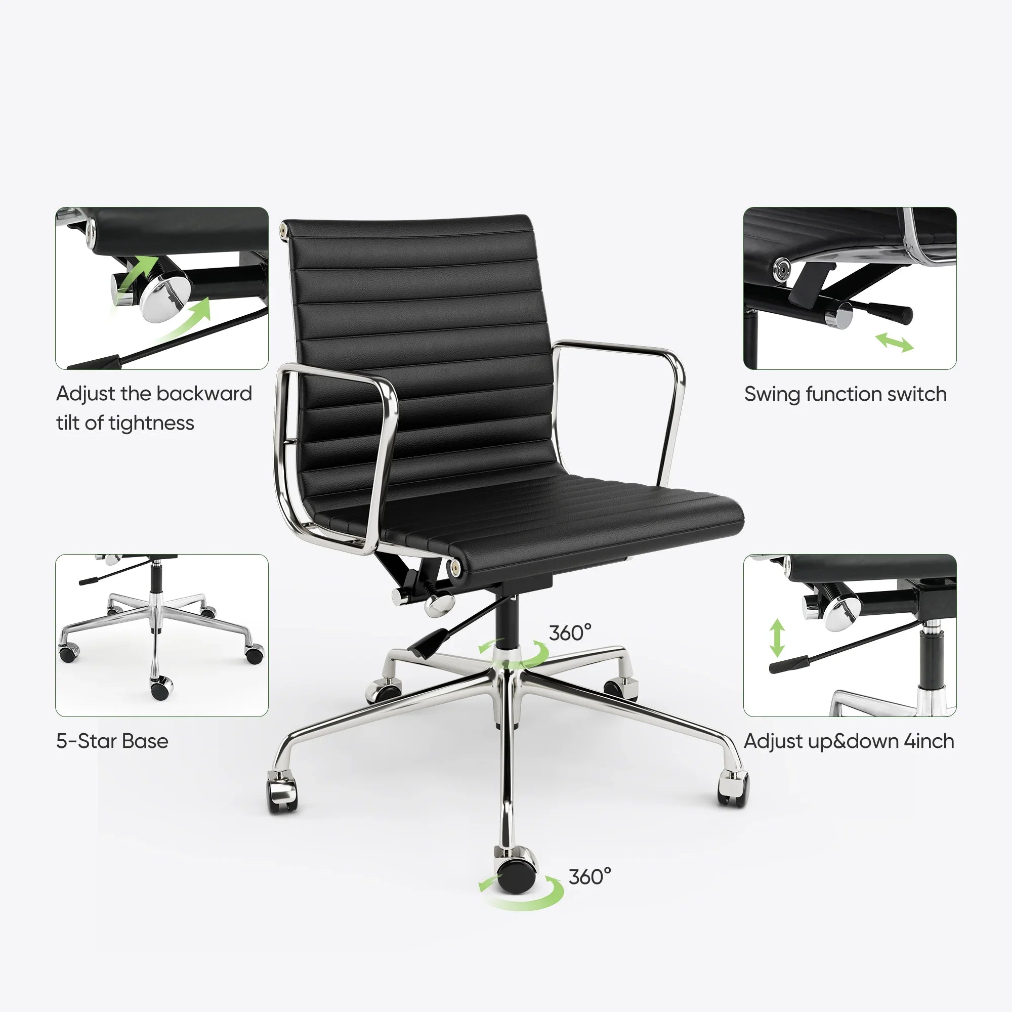 Mid-Back Office Chair Classic Genuine Leather Ergonomic Office Chair Adjustable Swivel Leather Computer Desk Gaming Chair