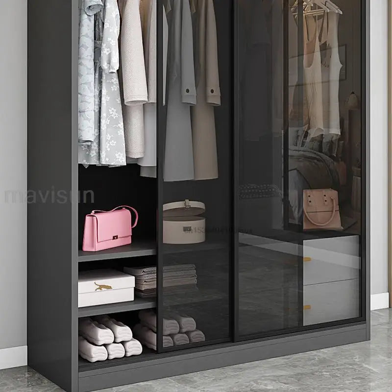 Italian Clothes Cabinet – Luxury Wood Wardrobe with LED Light, Storage Drawers, and Glass Sliding Doors