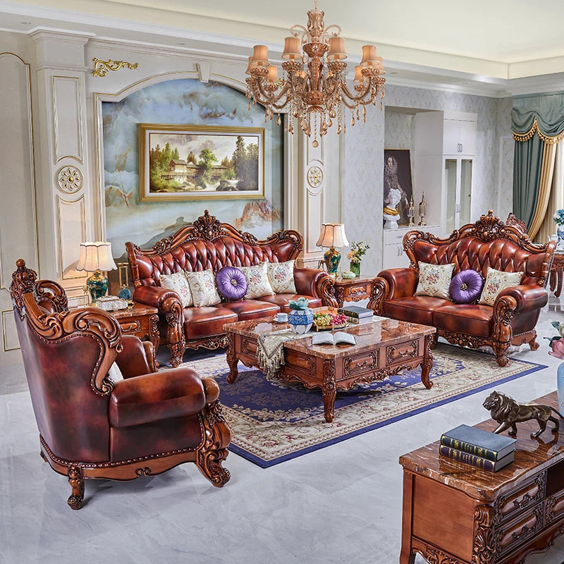 uropean Leather Sofa Combination - Carved Crown Sofa for Villa Living Room