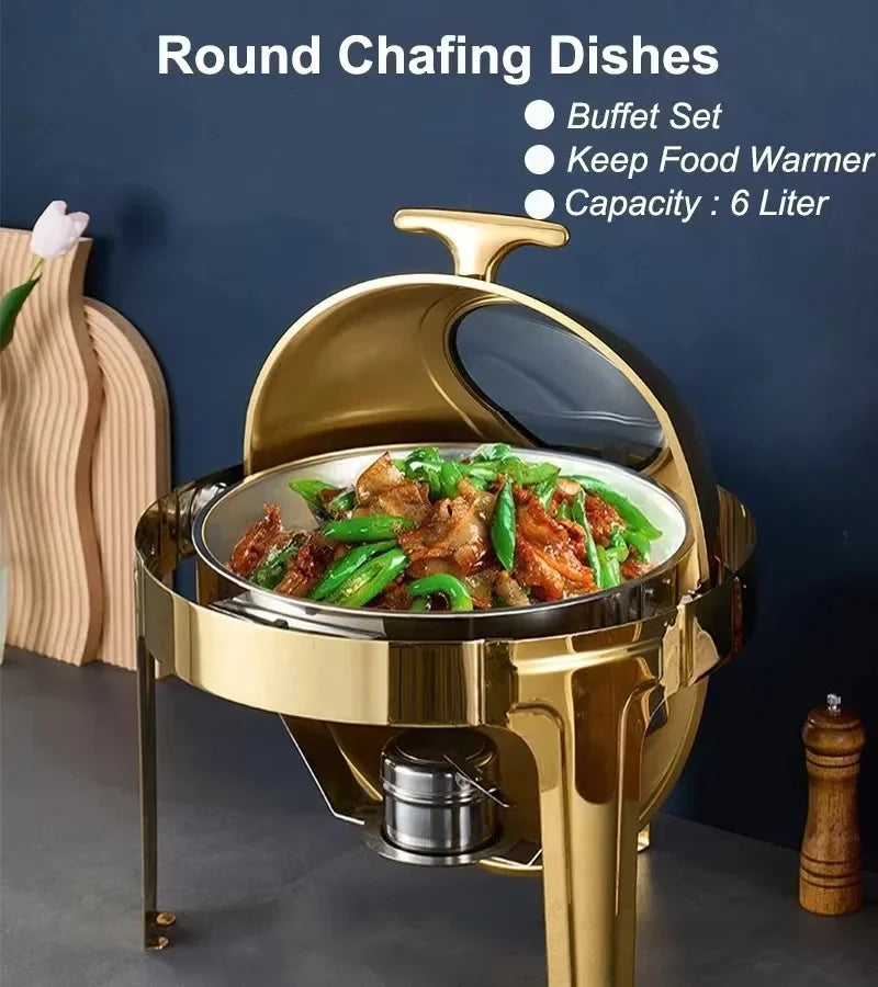 uffet clamshell6L Stainless Steel Buffet Chafing Dish Set – Gold Clamshell Food Warmer for Catering and Buffets.