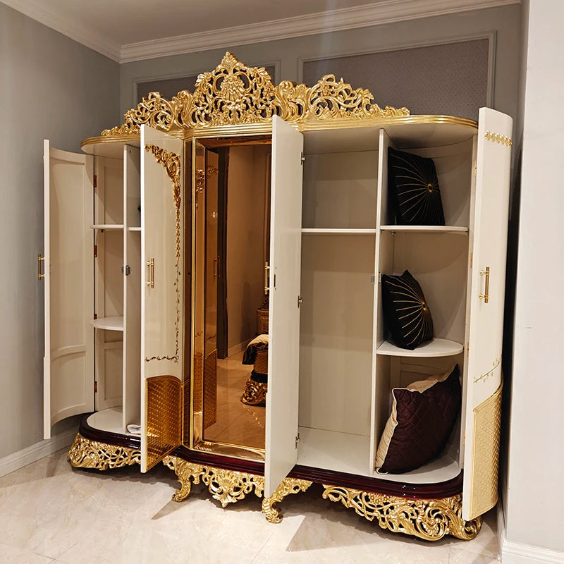 French Solid Wood Wardrobe – Luxury Villa Design, White Flat Doors, Hand-Painted Art with Gold Foil