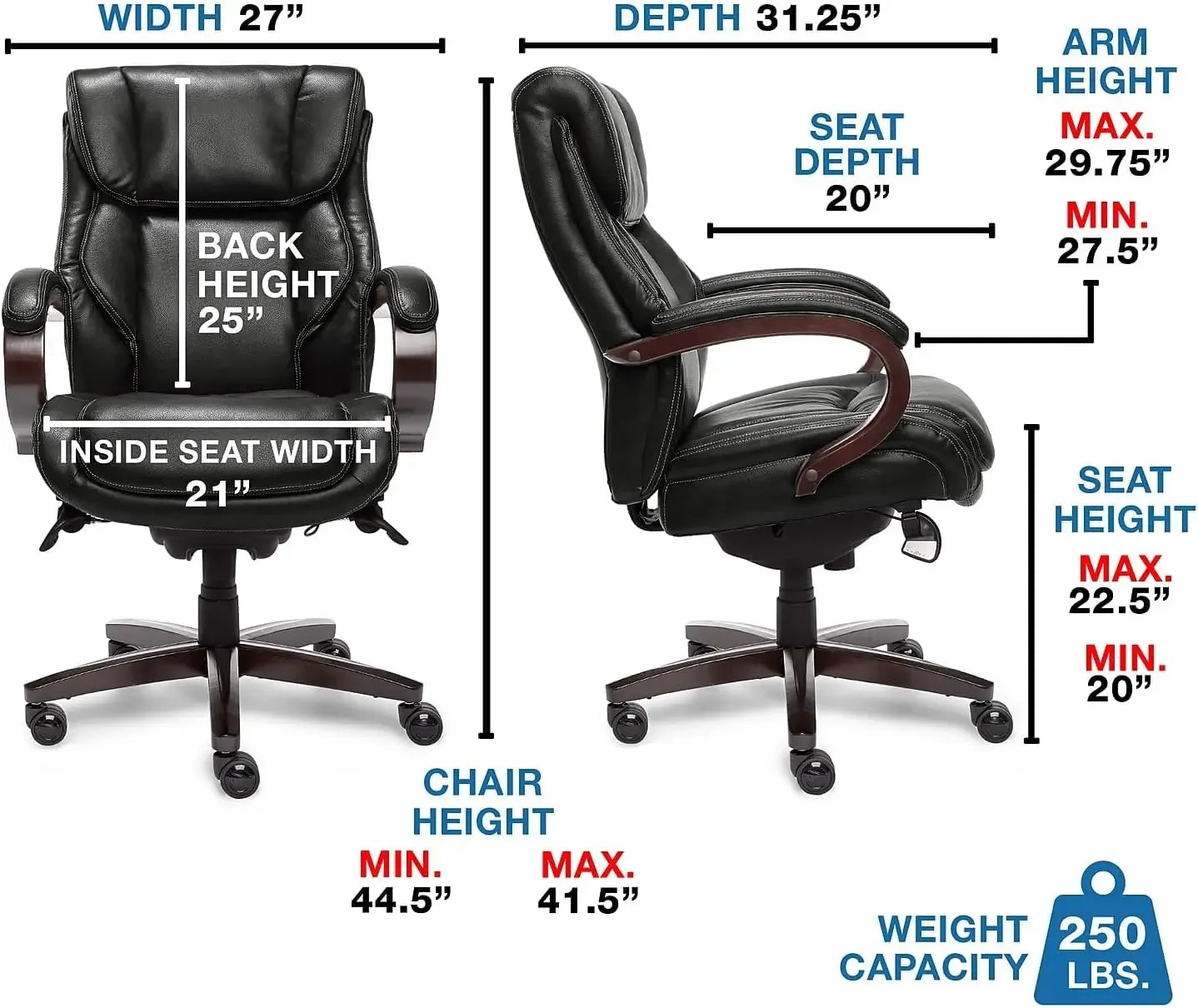La-Z-Boy Bellamy Executive Office Chair with Memory Foam Cushions, Solid Wood Arms and Base, Waterfall Seat Edge