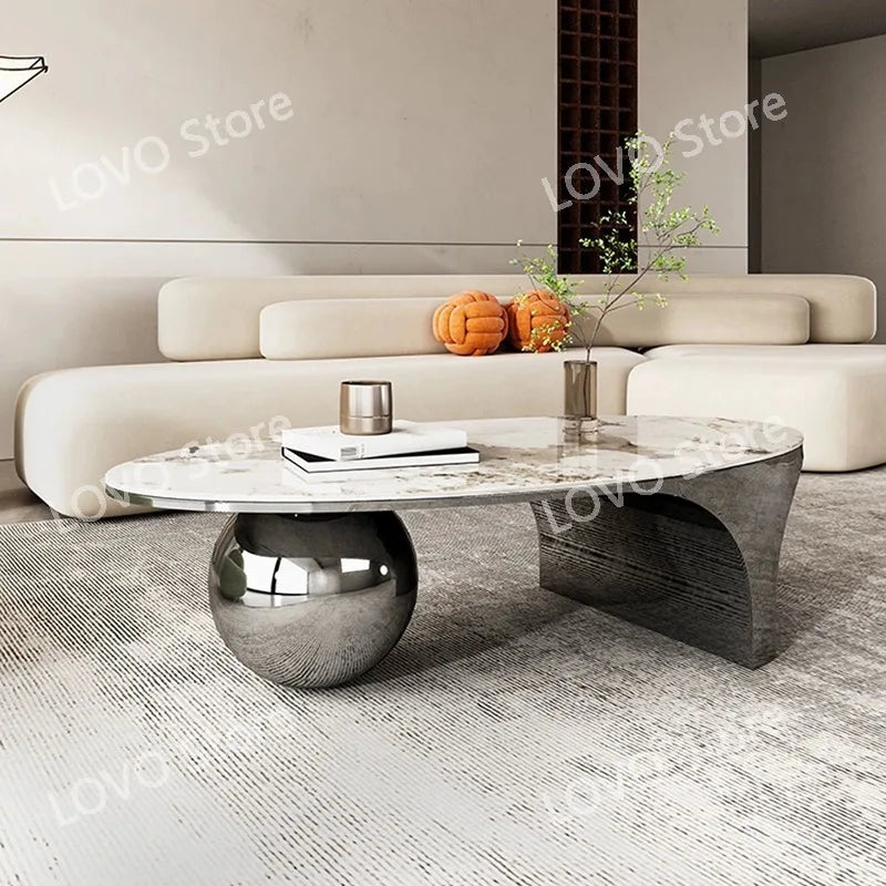 Nordic Oval Coffee Table – Luxury Marble Top with Metal Frame Legs