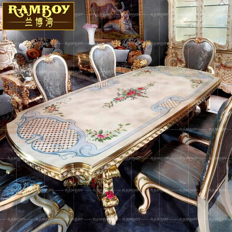 Villa Furniture—European Solid Wood Dining Table and Chair Combination,