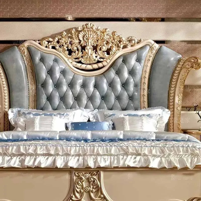 Solid wood carved double bed, European style leather princess bed, Italian villa high-end customized 1.8-meter wedding bed