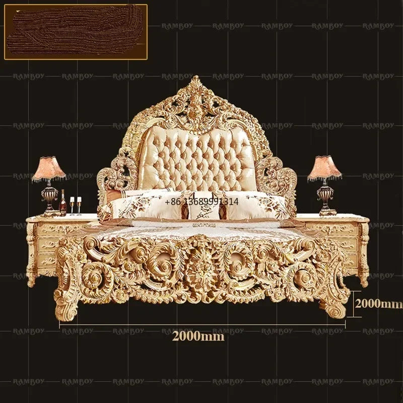 Custom European luxury leather bed, hand-carved from French solid wood