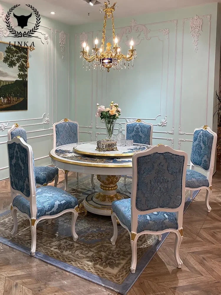 European French Romantic Round Dining Table: Solid Wood with Turntable, Perfect for Villa Living Rooms.